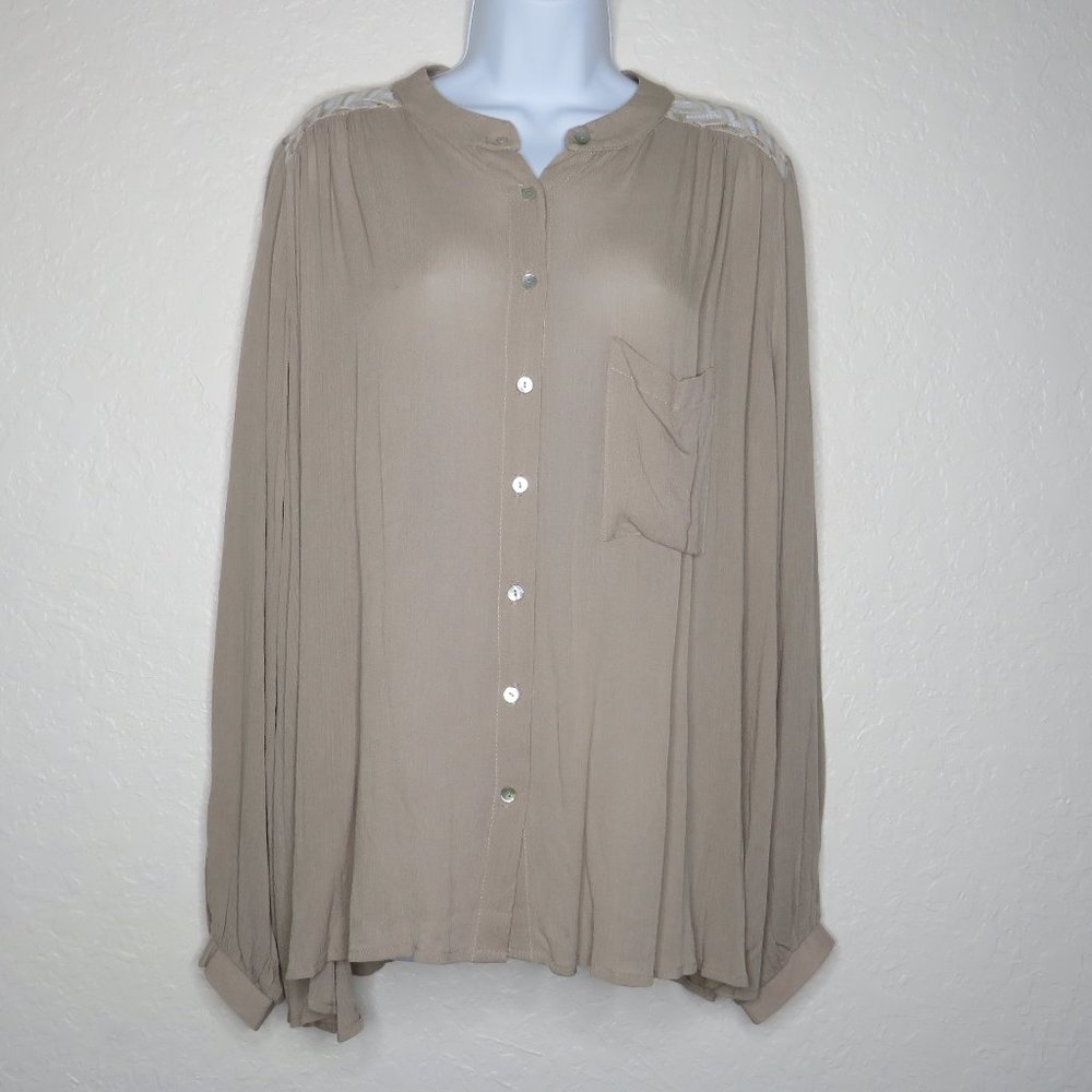 My Story* Women's Long Sleeve Button Down Lace Backside Sheer Tan Blouse~ Medium